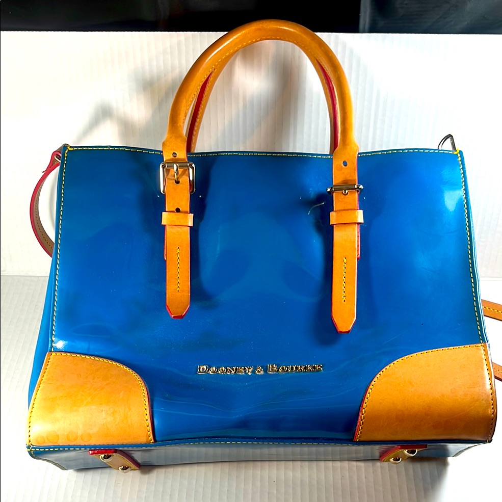 Dooney & Bourke Janine Patent Leather Satchel Vachetta Leather Trim Blue